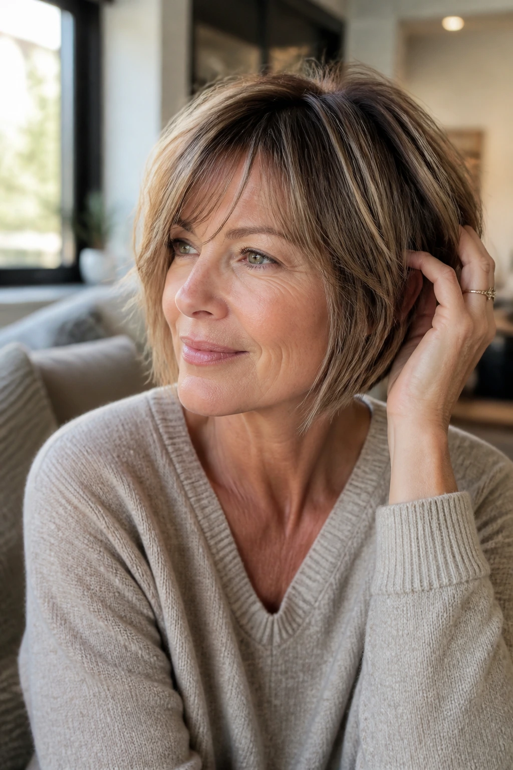 Close-up portrait of a real woman with a choppy bob for fine hair