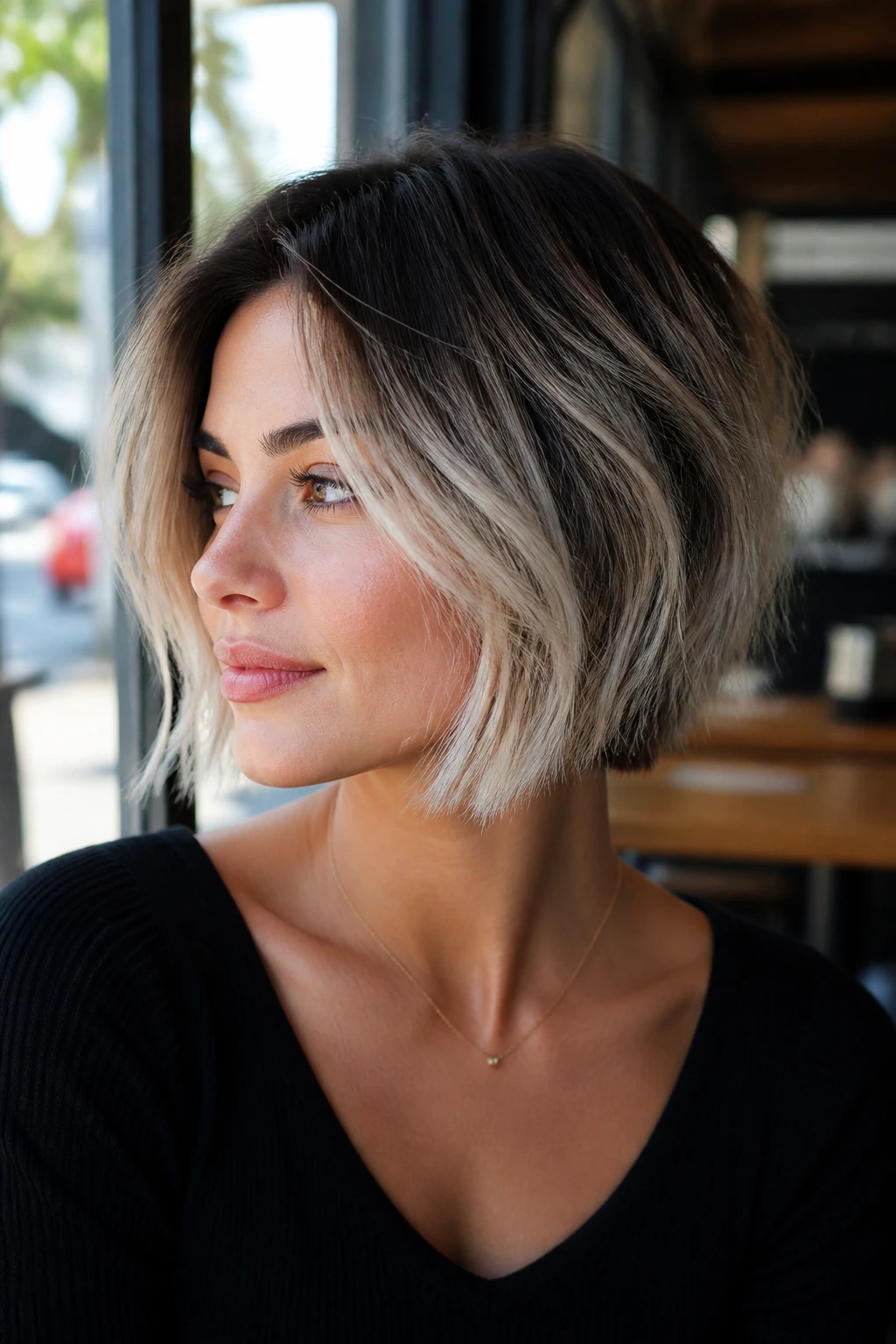 Close-up of a real woman with a choppy bob and frosted tips.