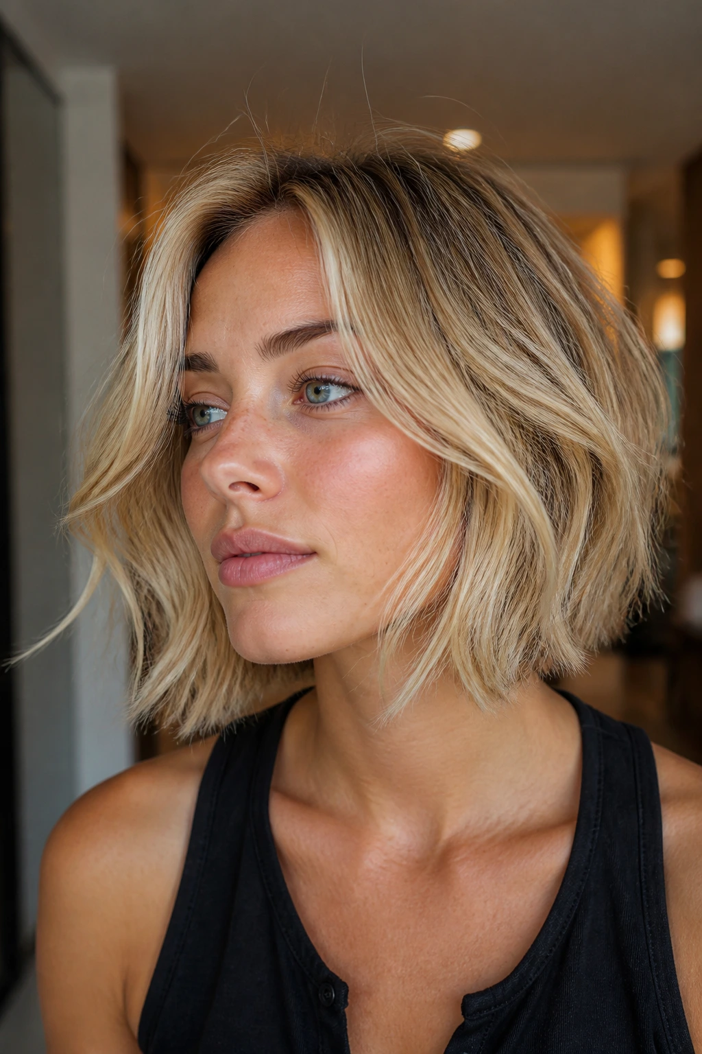 Close-up of a real woman in butter blonde Dutch choppy bob with hidden layers.