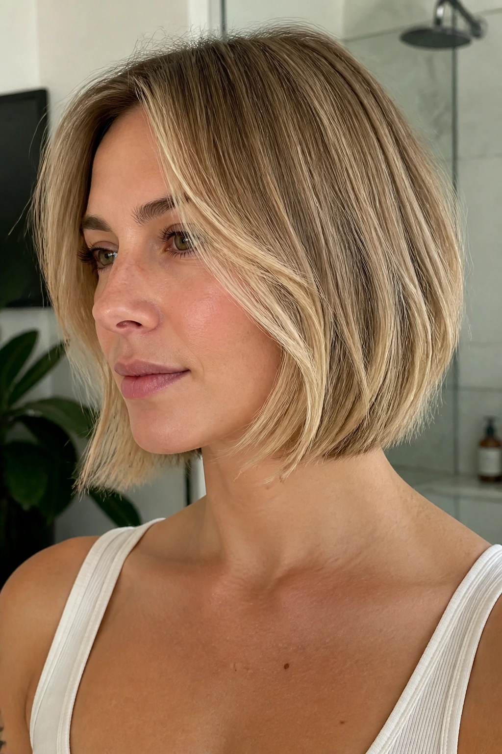 Close-up portrait of a real woman with choppy bob and invisible layers