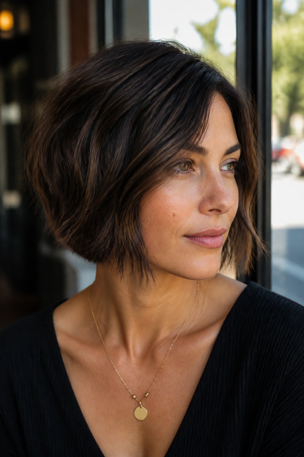 Close-up portrait of a real woman with a choppy bob and invisible layers