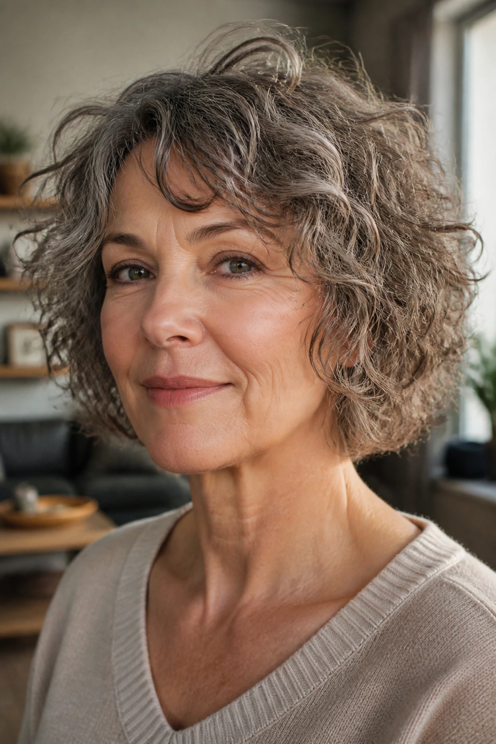 Close-up portrait of a woman with a choppy bob on mature curls