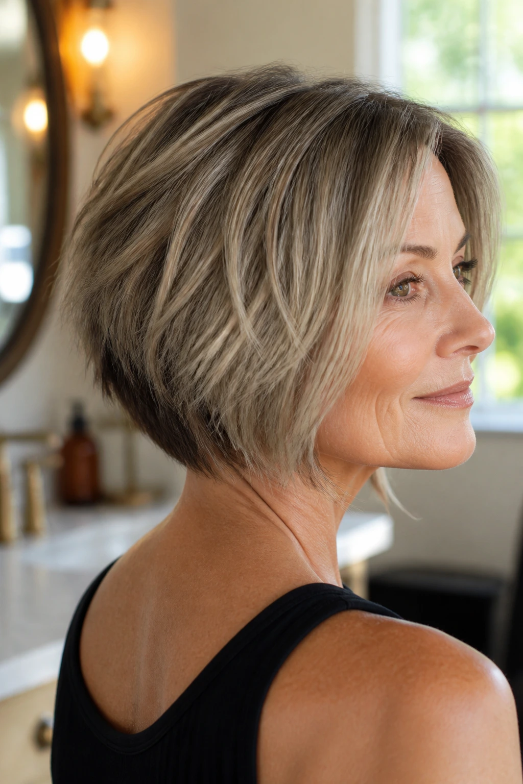 Close-up portrait of a real woman with a choppy textured bob and nape lift in warm window light