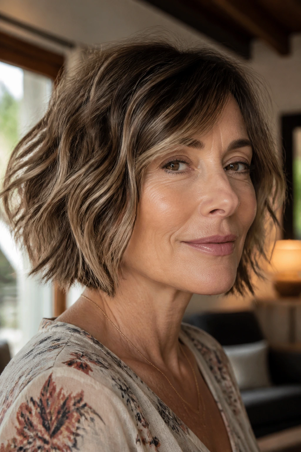 Close-up of a real woman with a choppy bob and razor ends in soft window light