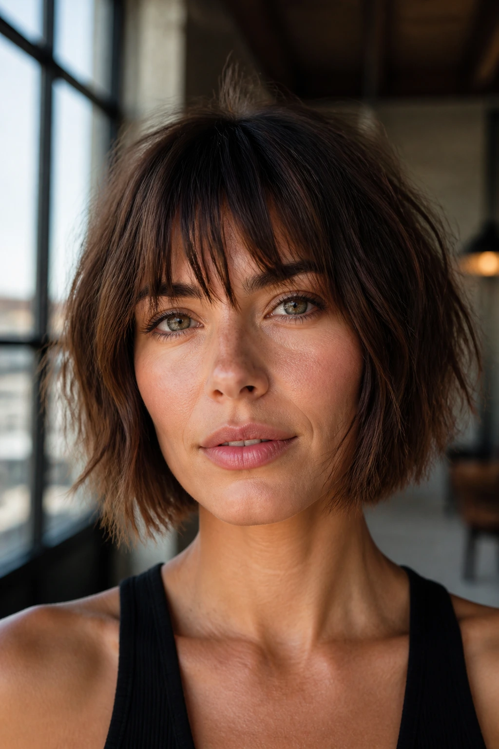 Portrait of woman with choppy bob and razored bangs in urban loft setting