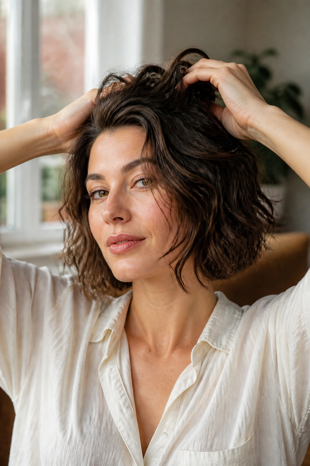 Close-up portrait of a real woman with a choppy bob and damp waves in natural window light
