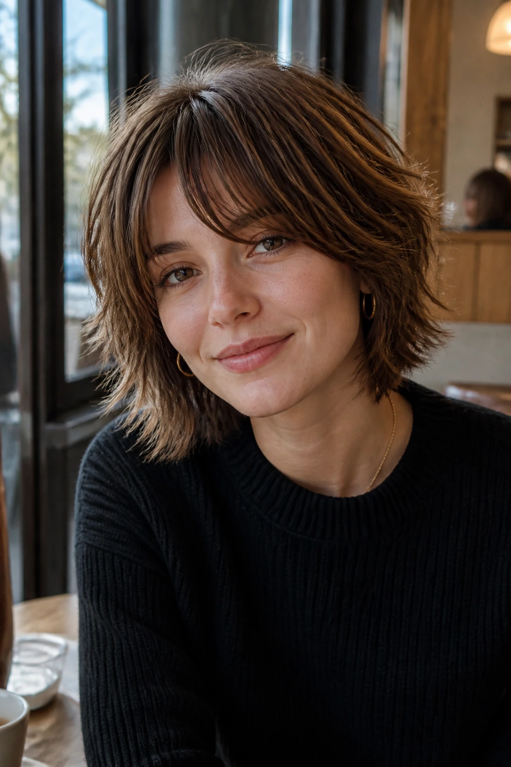 Portrait of a real person with curtain bangs and choppy bob-shag