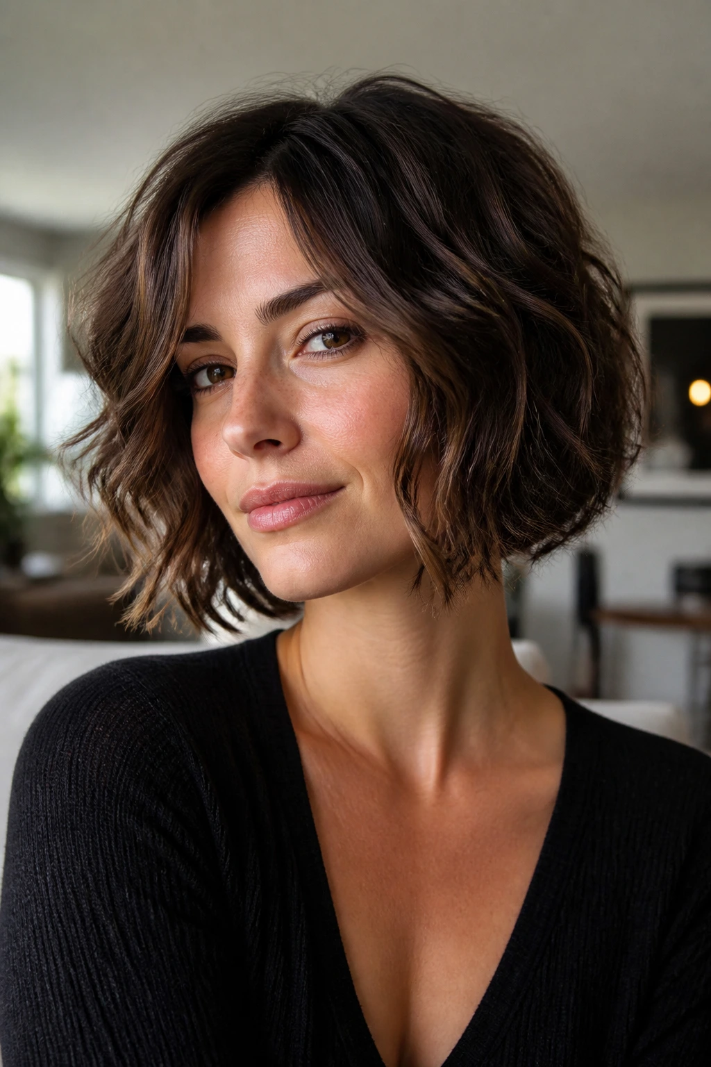Close-up portrait of a real woman with a textured choppy bob to soften a square jaw and work with wavy hair.