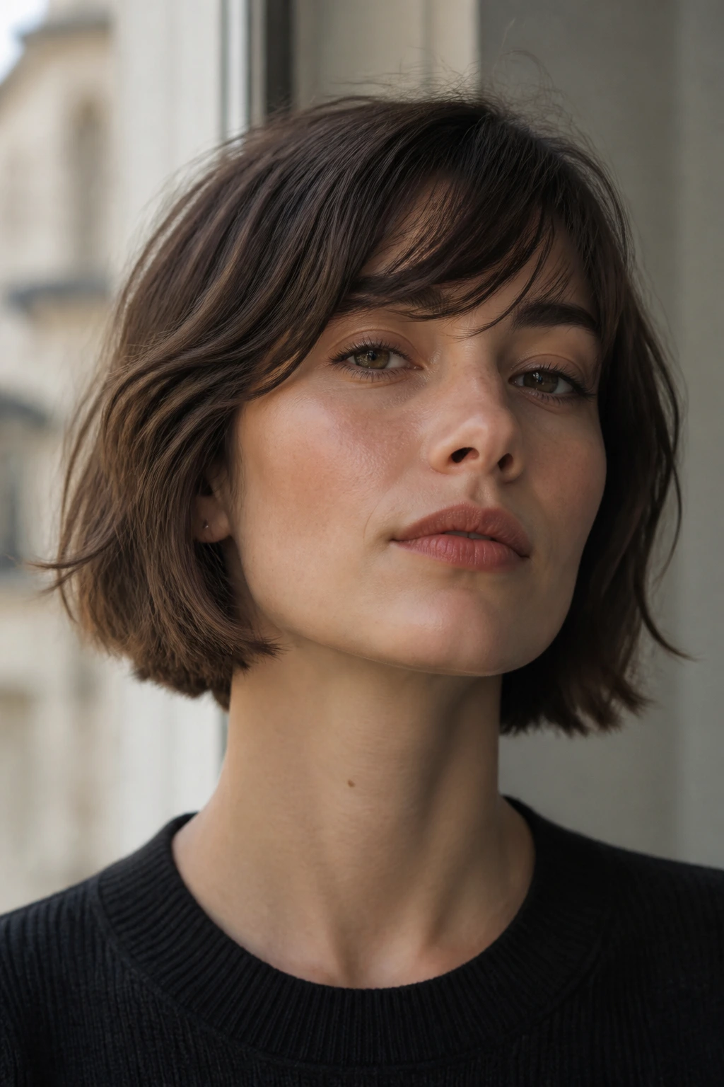 Close-up of a real person with a choppy French bob and swept fringe