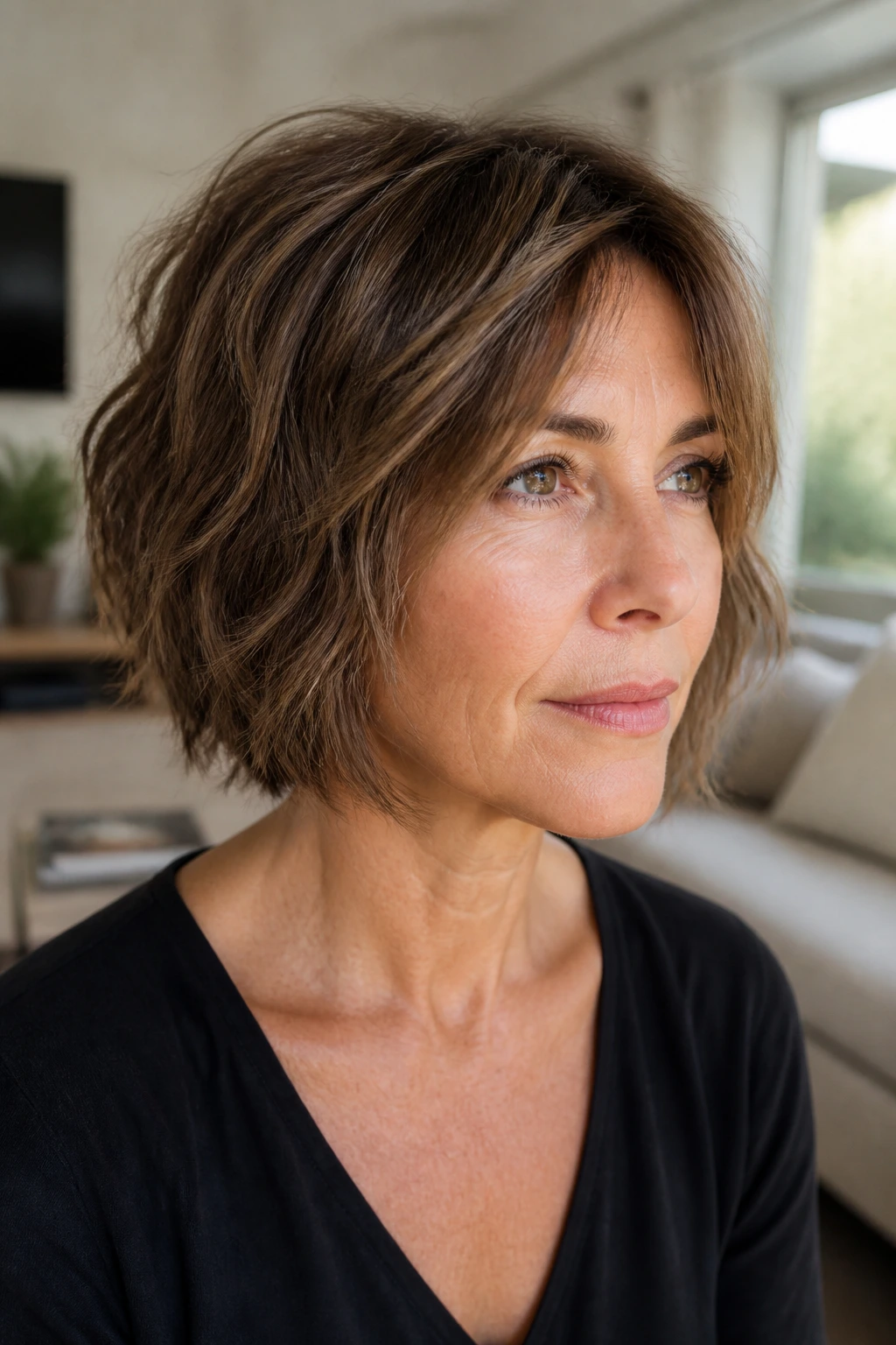 Close-up of real woman with choppy bob and piecey ends