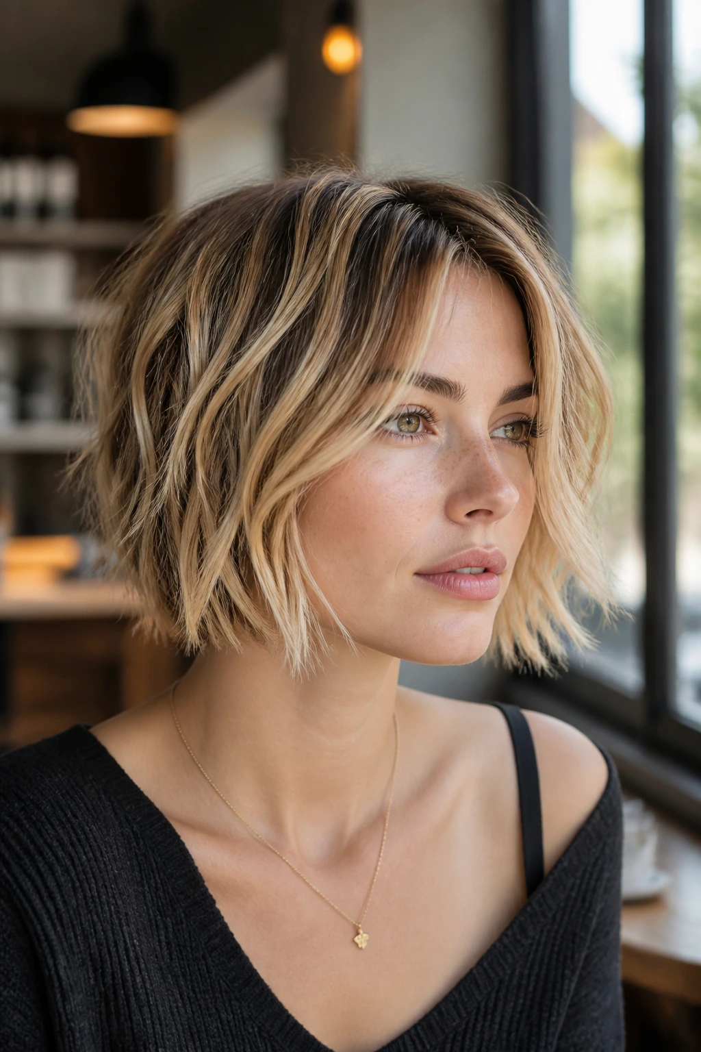 Close-up of a real woman with a choppy piecey bob showing texture in natural light