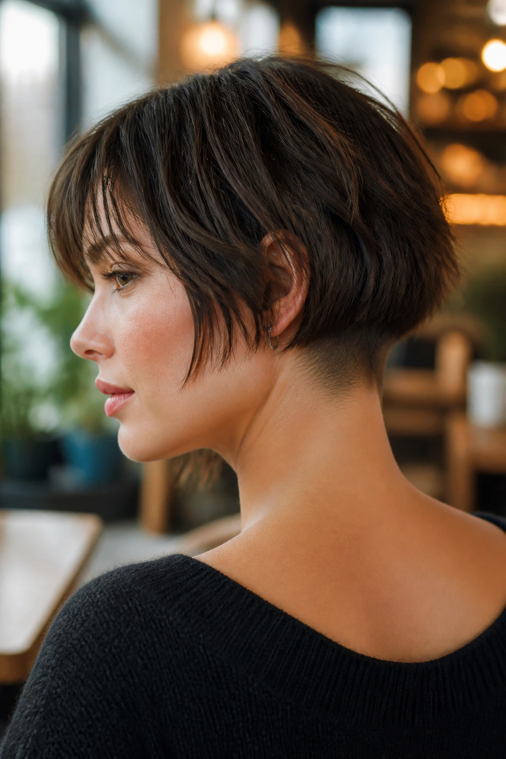 Choppy ear-length bob with nape undercut on a real person