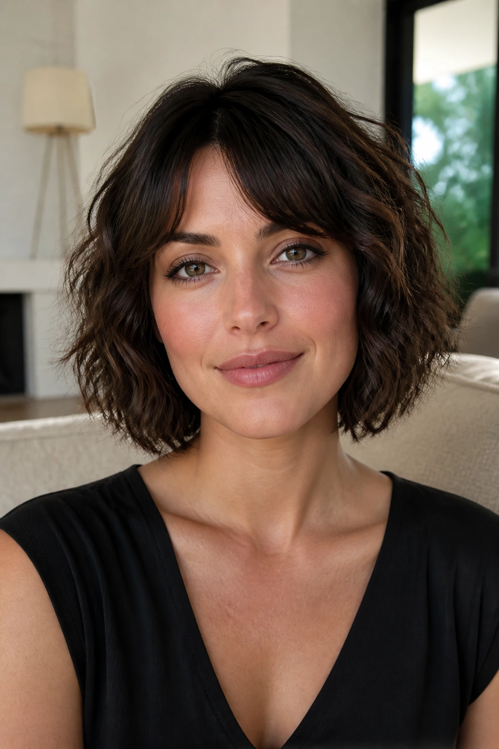 Real woman with a choppy bob on wavy hair showing heart-shaped face.