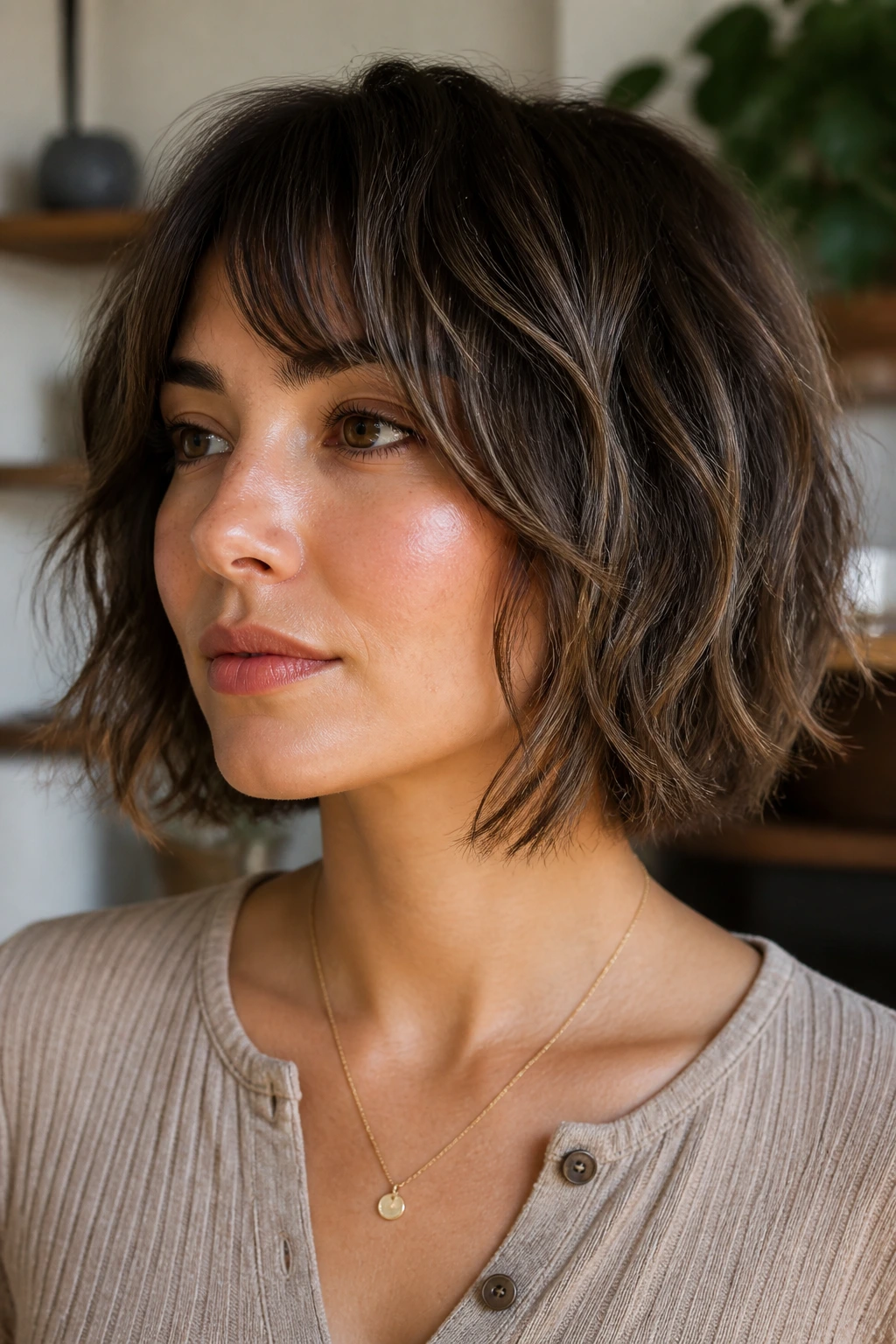 Portrait of a woman with a choppy bob softening square jaw