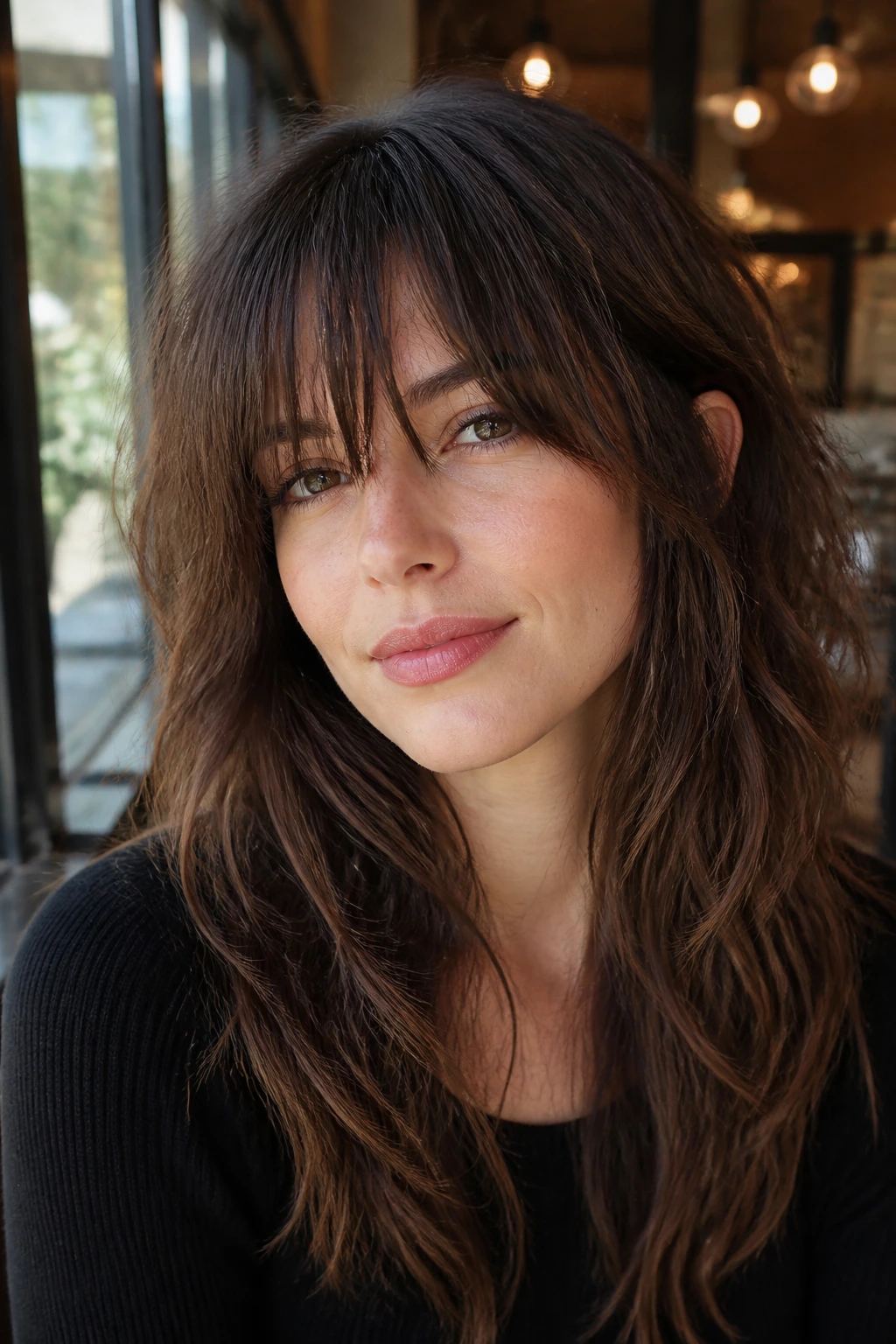 Close-up of a real woman with choppy bottleneck bangs and shattered layers