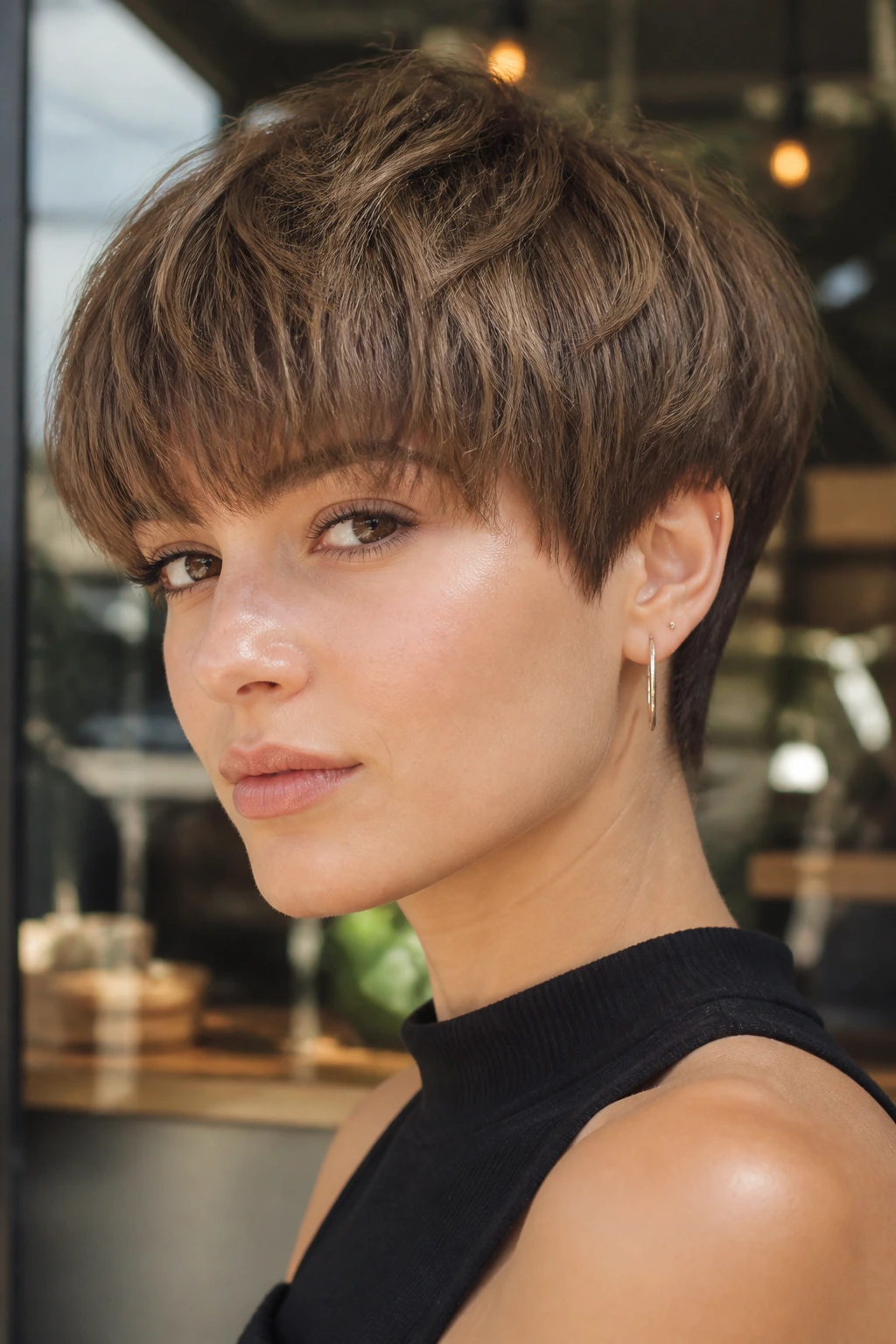 Close-up of a real person with a choppy bowl cut and textured fringe, cafe window light