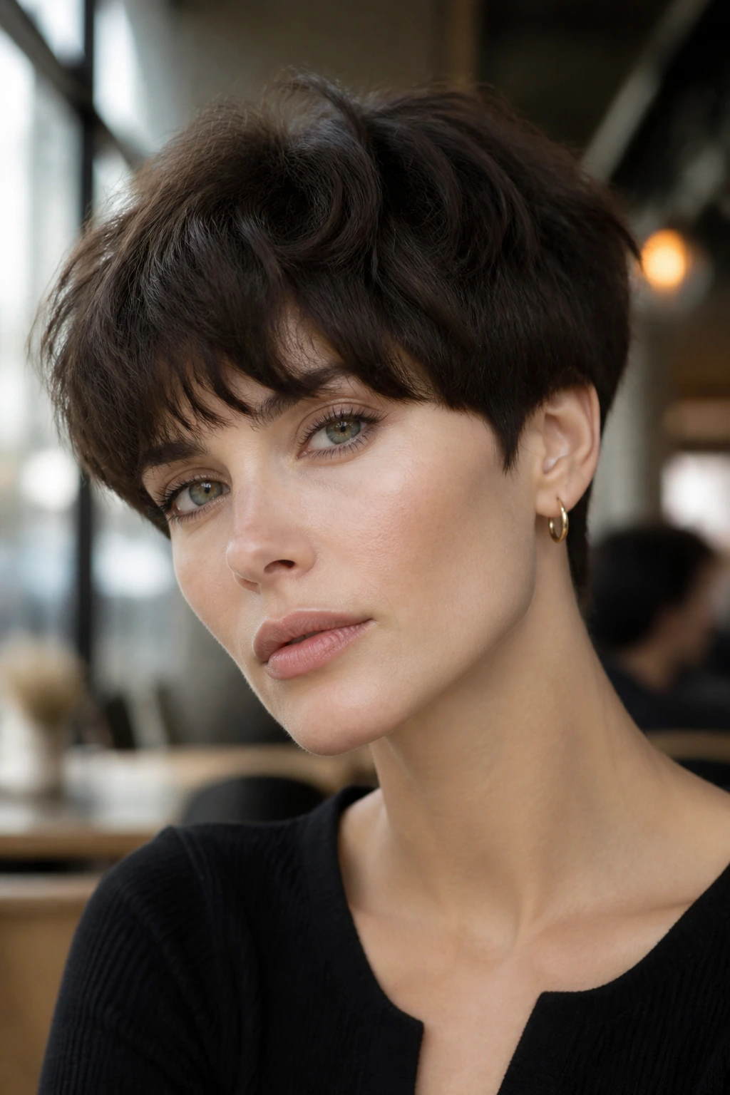 Close-up of a real woman with a choppy bowl cut showing soft breakup texture.