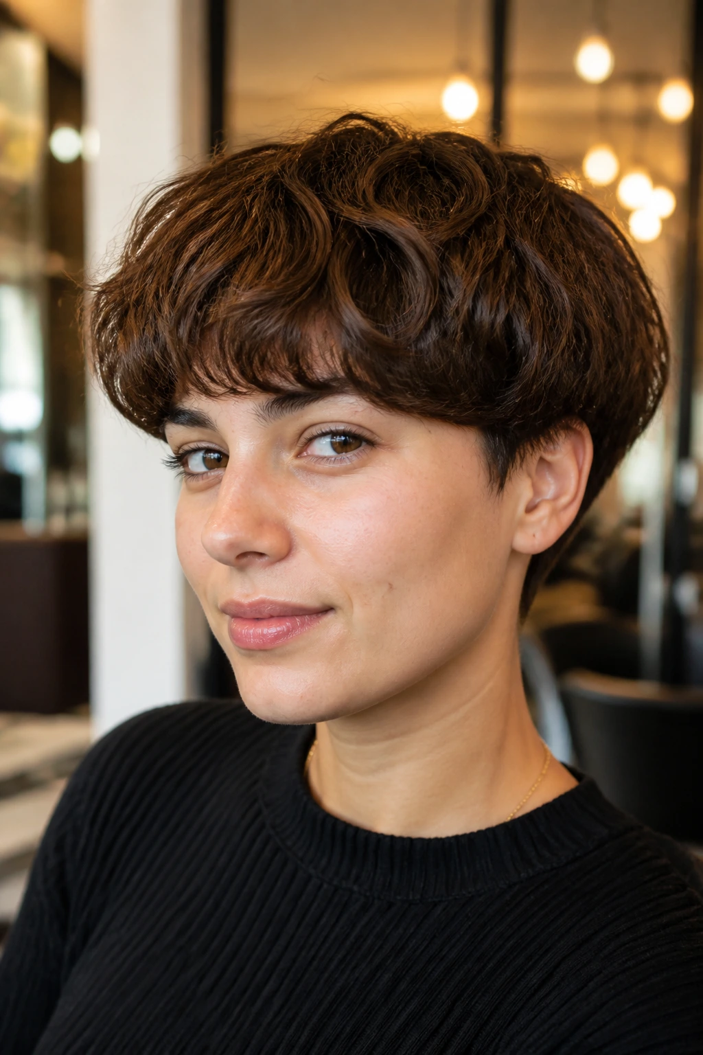 Close-up of a real person with a textured choppy bowl cut on wavy hair in a warm salon setting