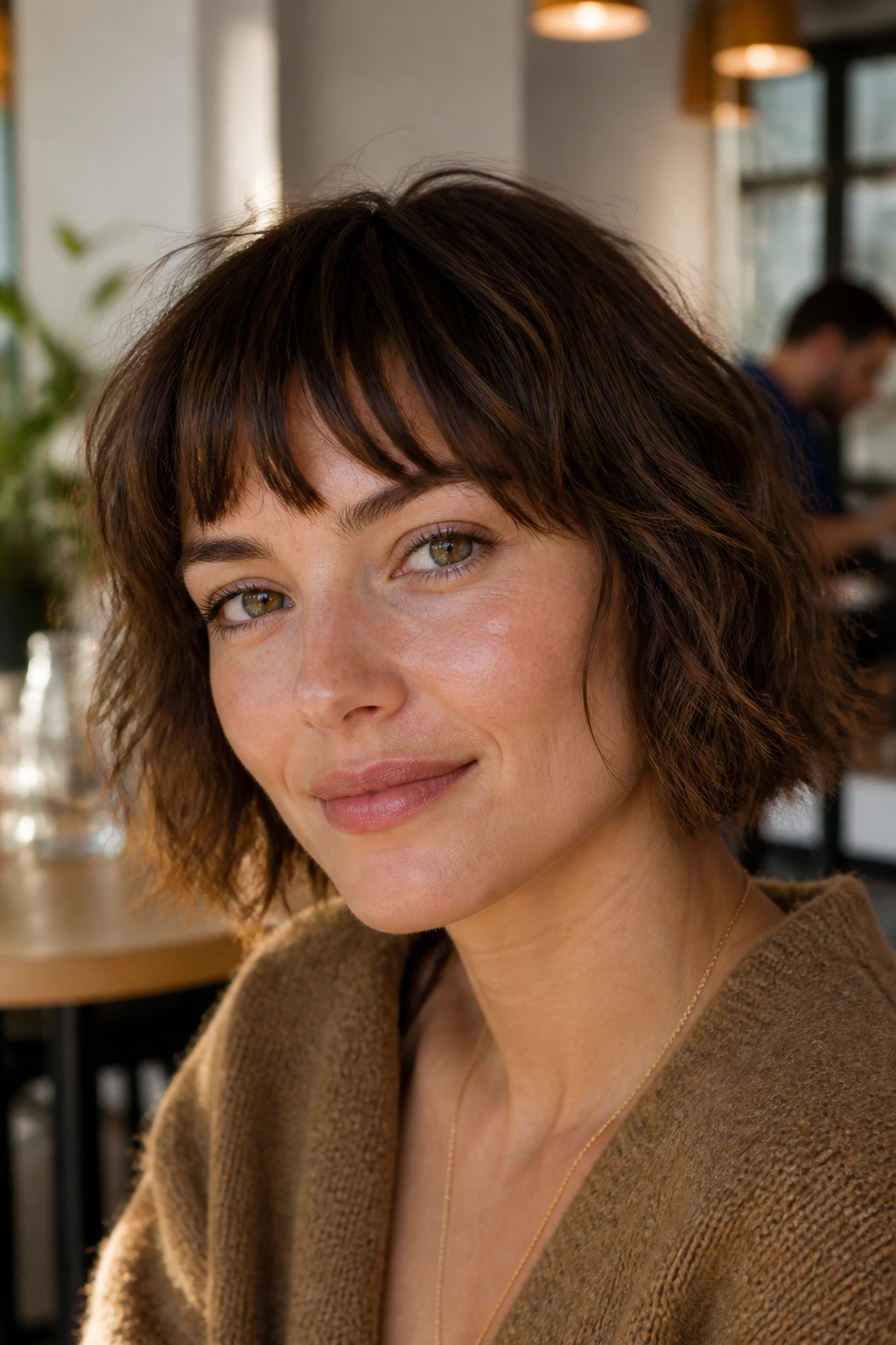 Close-up portrait of a real woman with a choppy brow-grazing fringe.