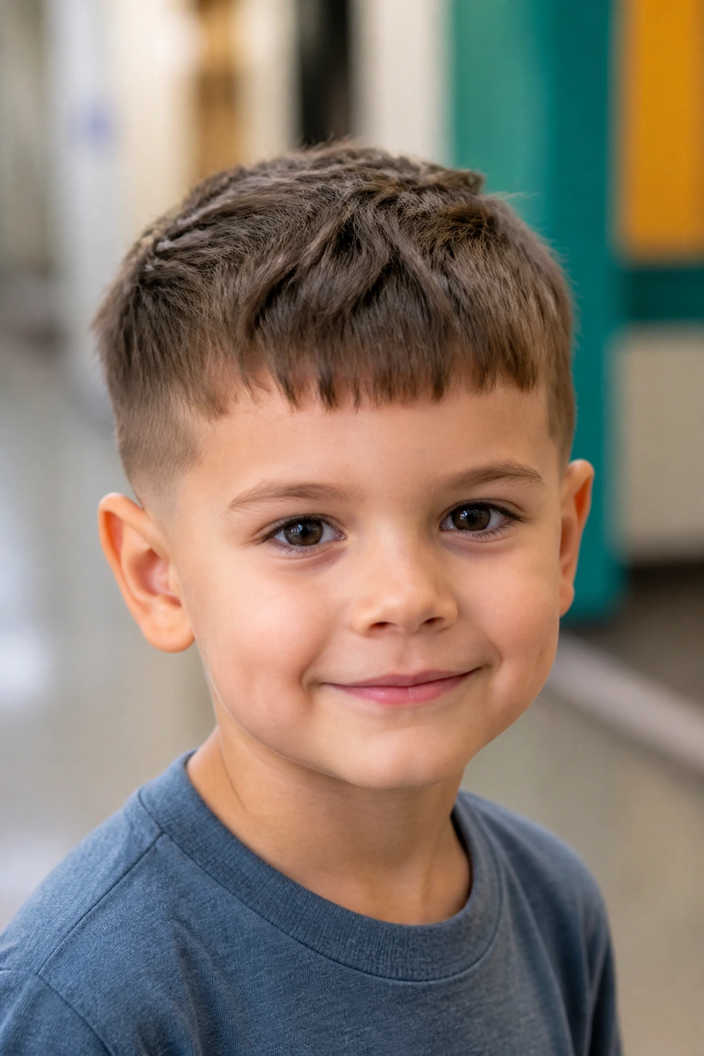 Close-up of boy with choppy Caesar cut