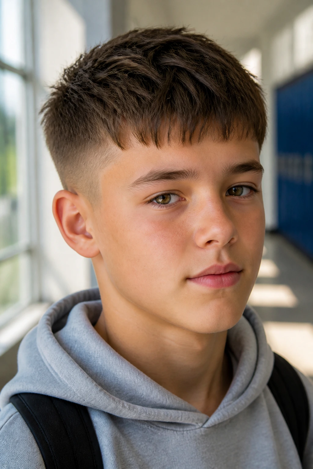 Close-up of a real boy's choppy Caesar haircut in a sunlit hallway.