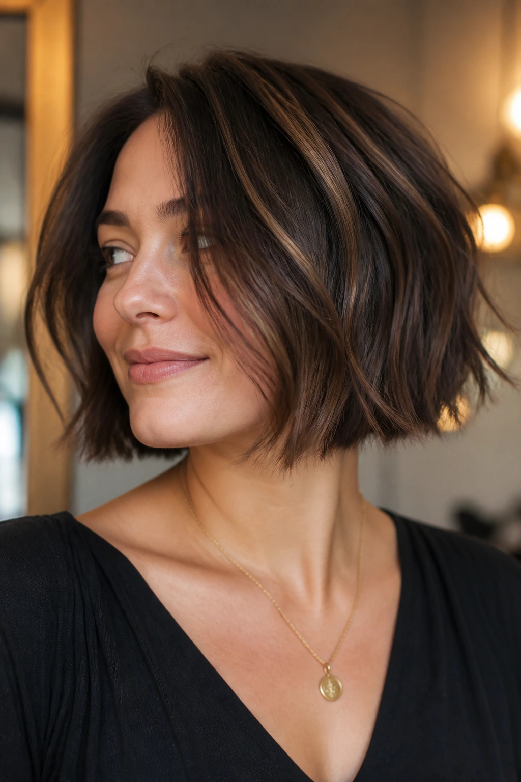Close-up of a woman with a choppy chin bob and cocoa lowlights.