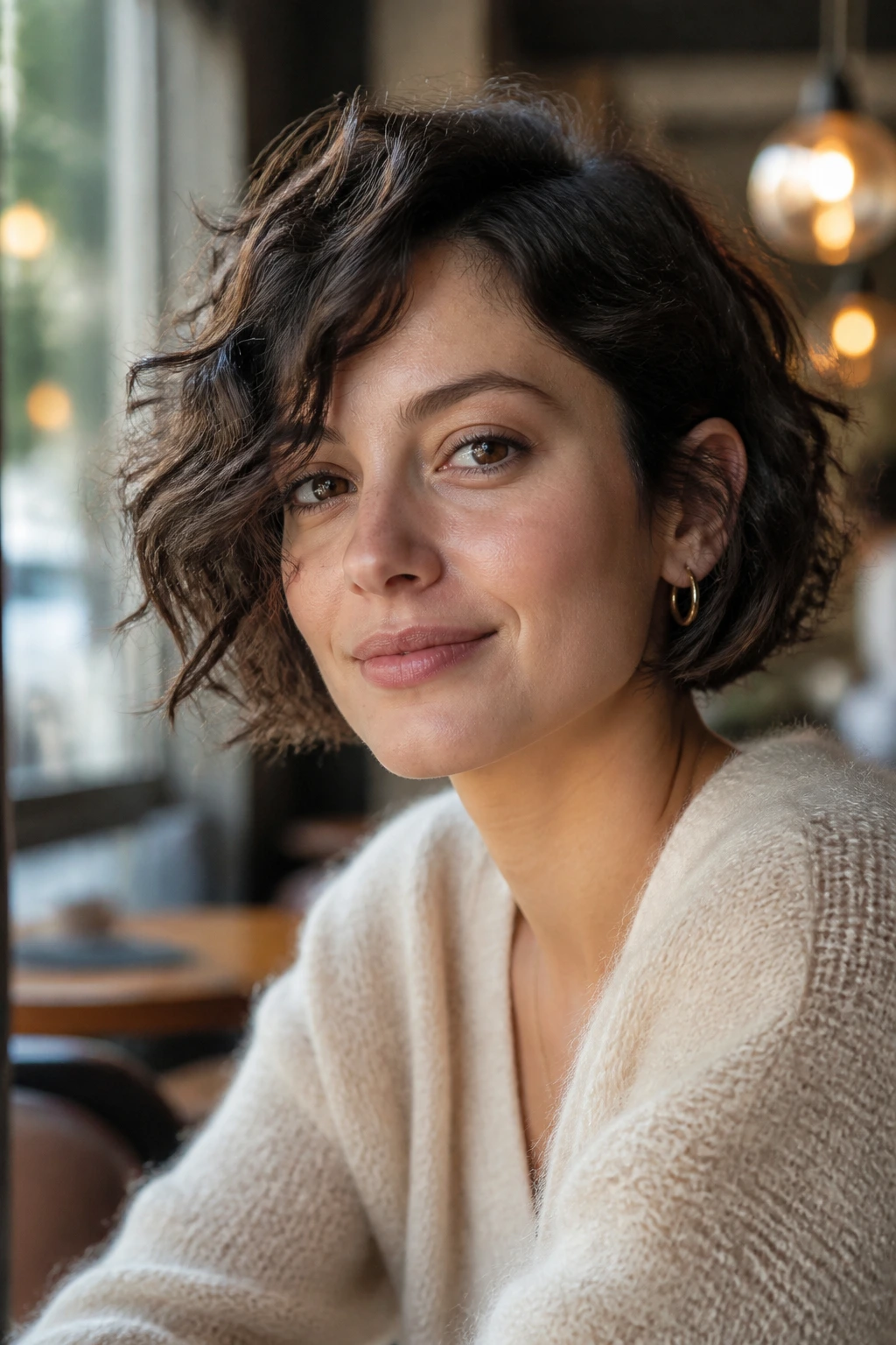 Portrait of a real woman with a chin-length choppy curly bob in a cafe window setting.