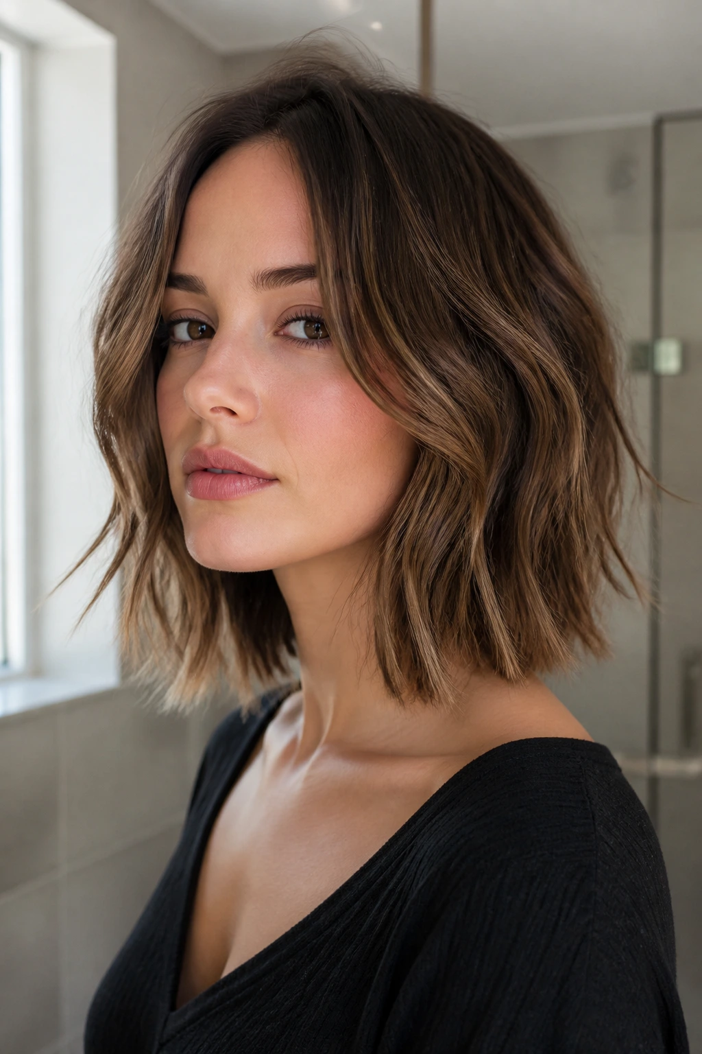 Close-up of a real woman with The Choppy Collarbone Bob showing irregular ends and cheekbone framing.