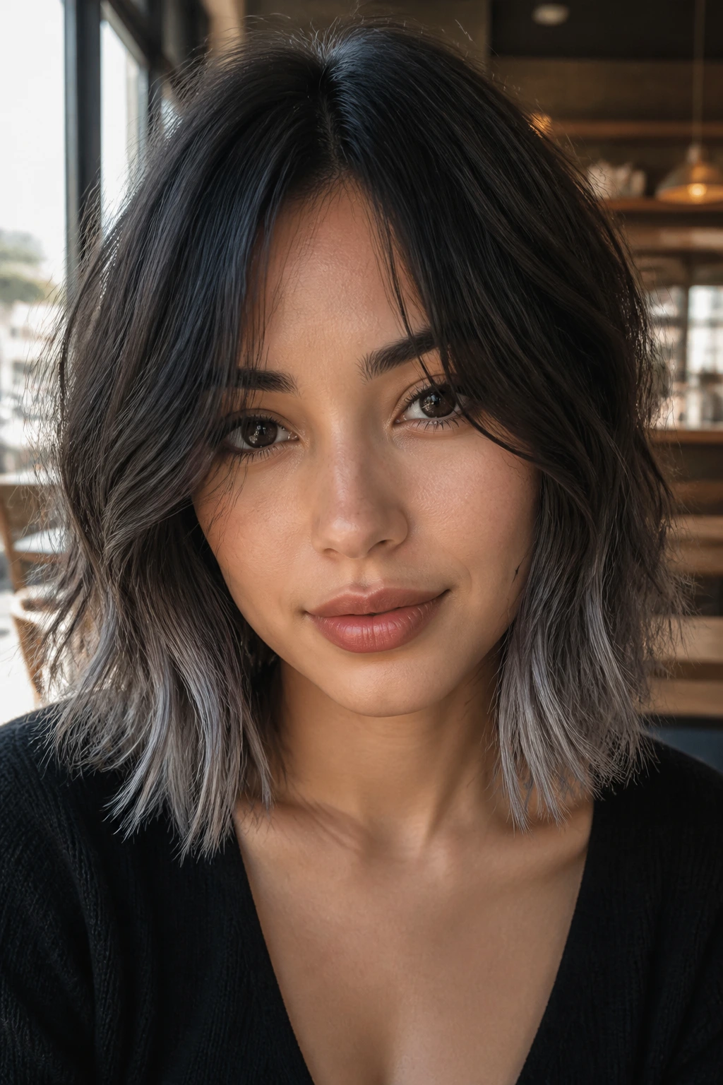 Close-up of real person with choppy collarbone cut and iron grey ends