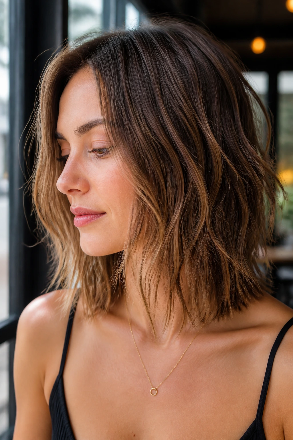 Portrait of a real woman with choppy collarbone cut and piecey texture.