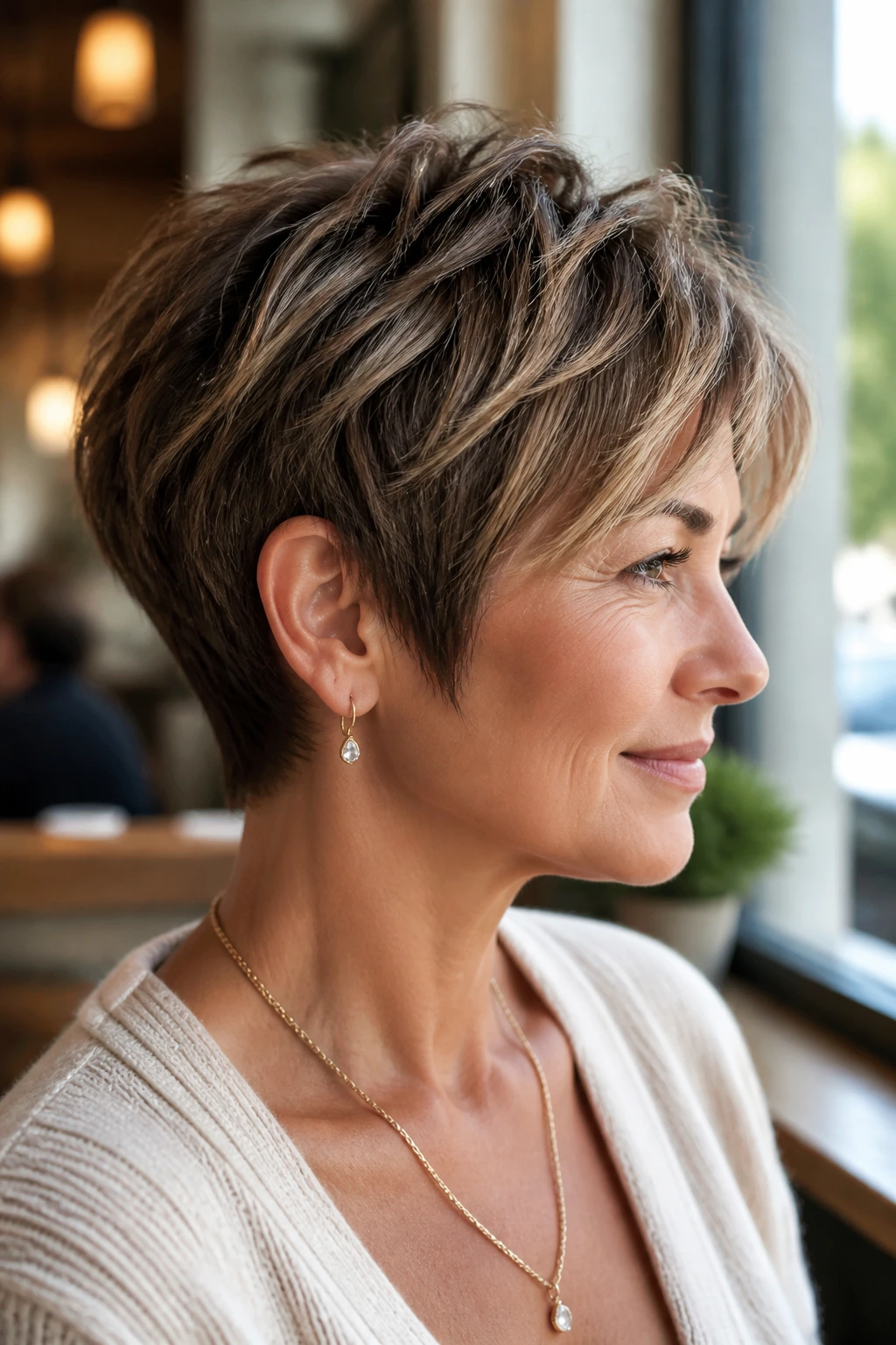 Close-up of a real woman with a choppy crop and chiseled nape, caramel edge highlights