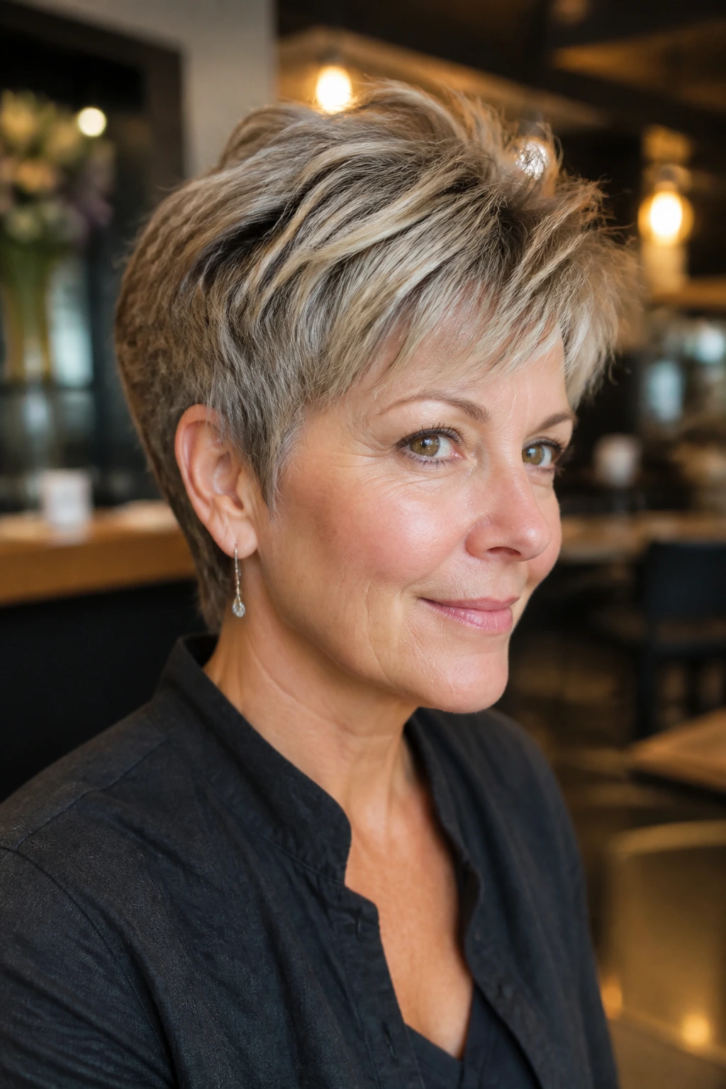 Close-up portrait of a real woman with Choppy Crop and Long Crown Layers