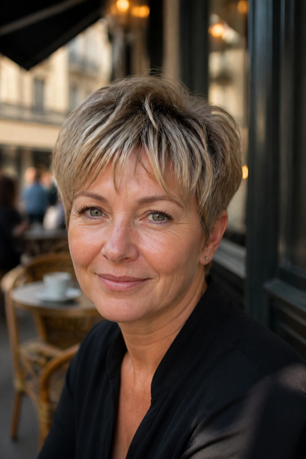 Real woman with choppy crop and light fringe in urban setting