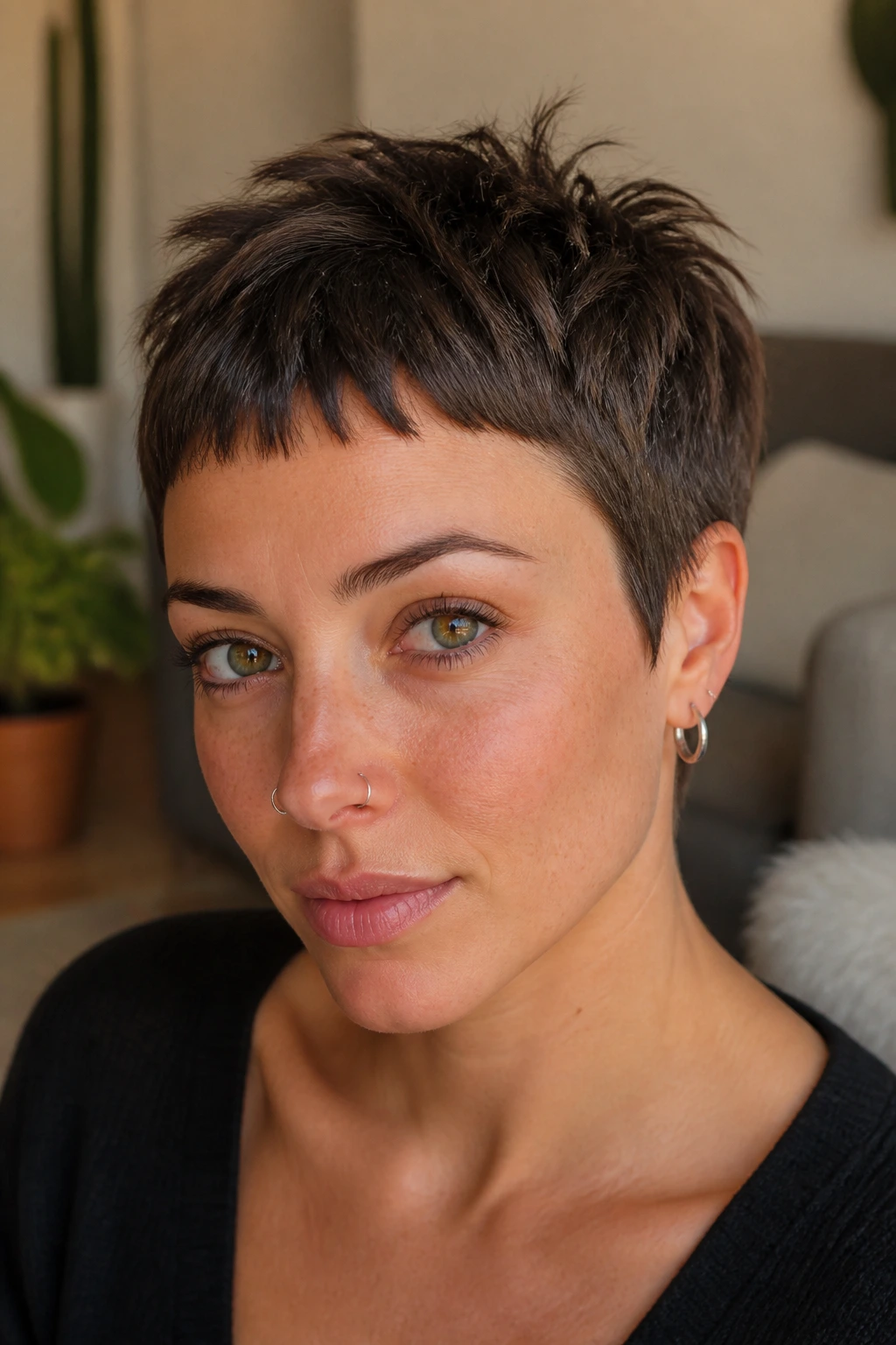 Portrait of woman with choppy crop and micro fringe.