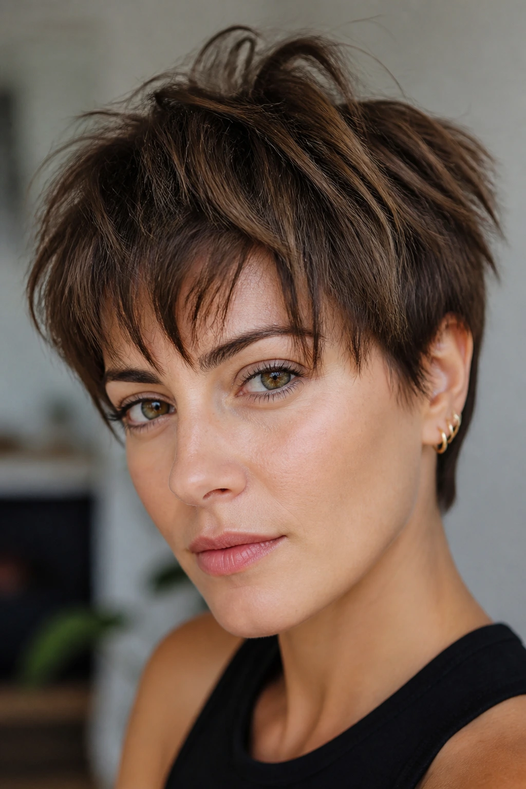 Portrait of a real person with a choppy crop and piecey fringe hairstyle