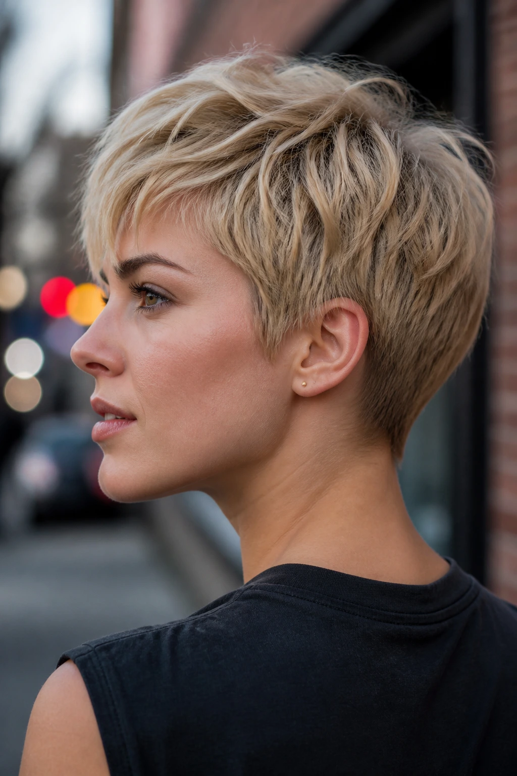 Portrait of a real woman with a choppy cropped hairstyle and tapered nape