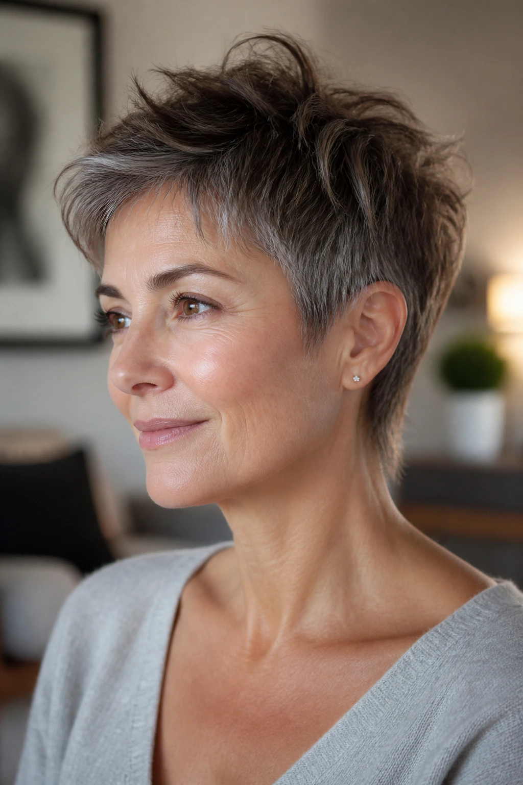 Portrait of a real woman with a choppy crop and wispy nape