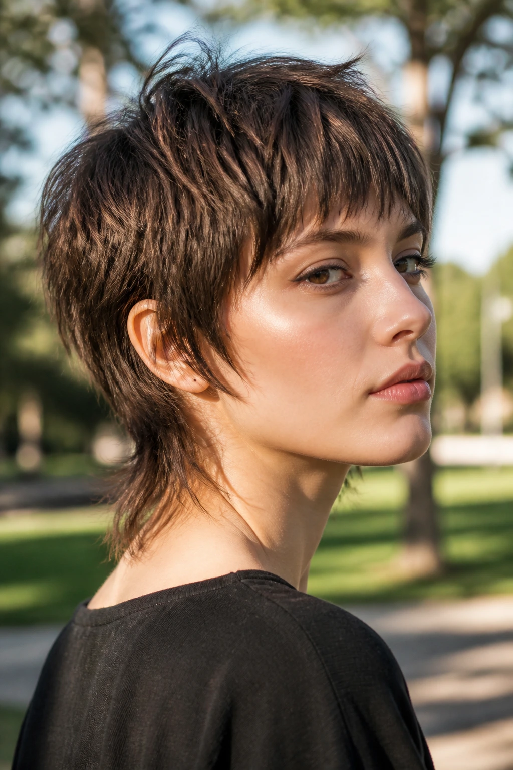 Close-up portrait of a real person with a choppy crop and wispy neck length on straight hair