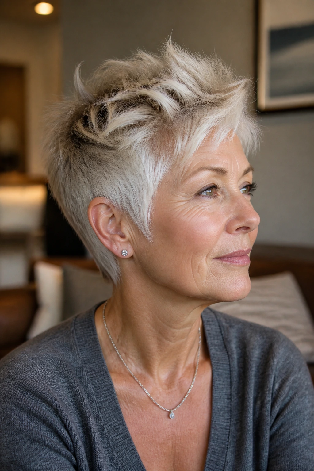 Close-up portrait of a real woman with a choppy crown-lift pixie on fine hair