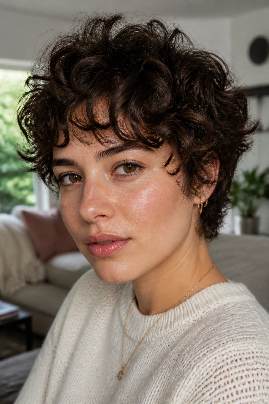 Close-up of a real woman with a choppy curly crop and piecey bangs, showing textured segments and defined curls.