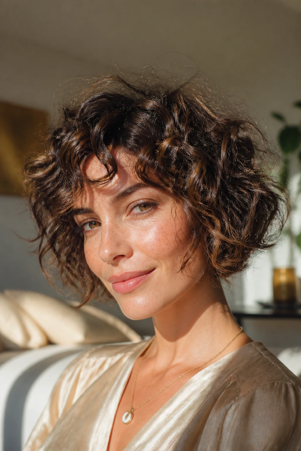 Close-up of a real woman with a curly bob featuring airy, choppy ends