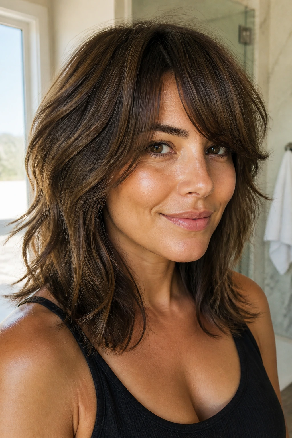Close-up portrait of a real woman with a thick choppy cut and side-swept bangs.