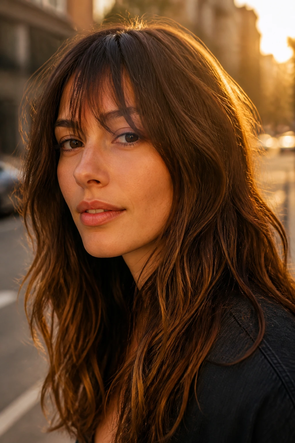 Real woman with choppy draped bangs and razor finish in close-up portrait