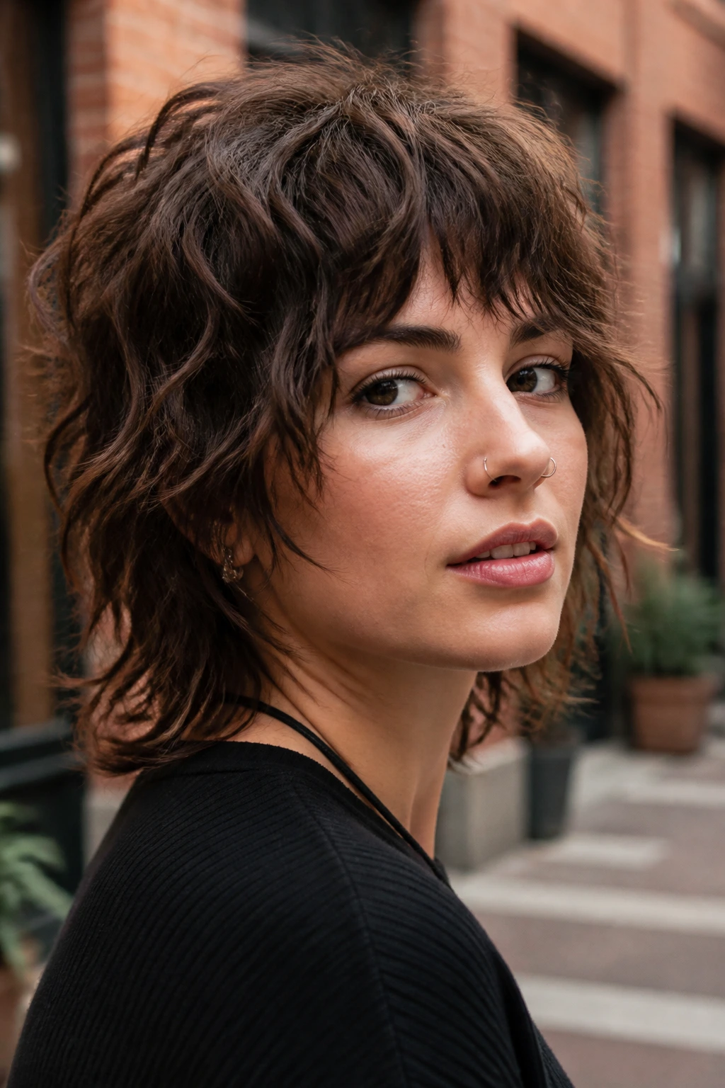 Close-up of a real person with a choppy edge shag and piecey ends