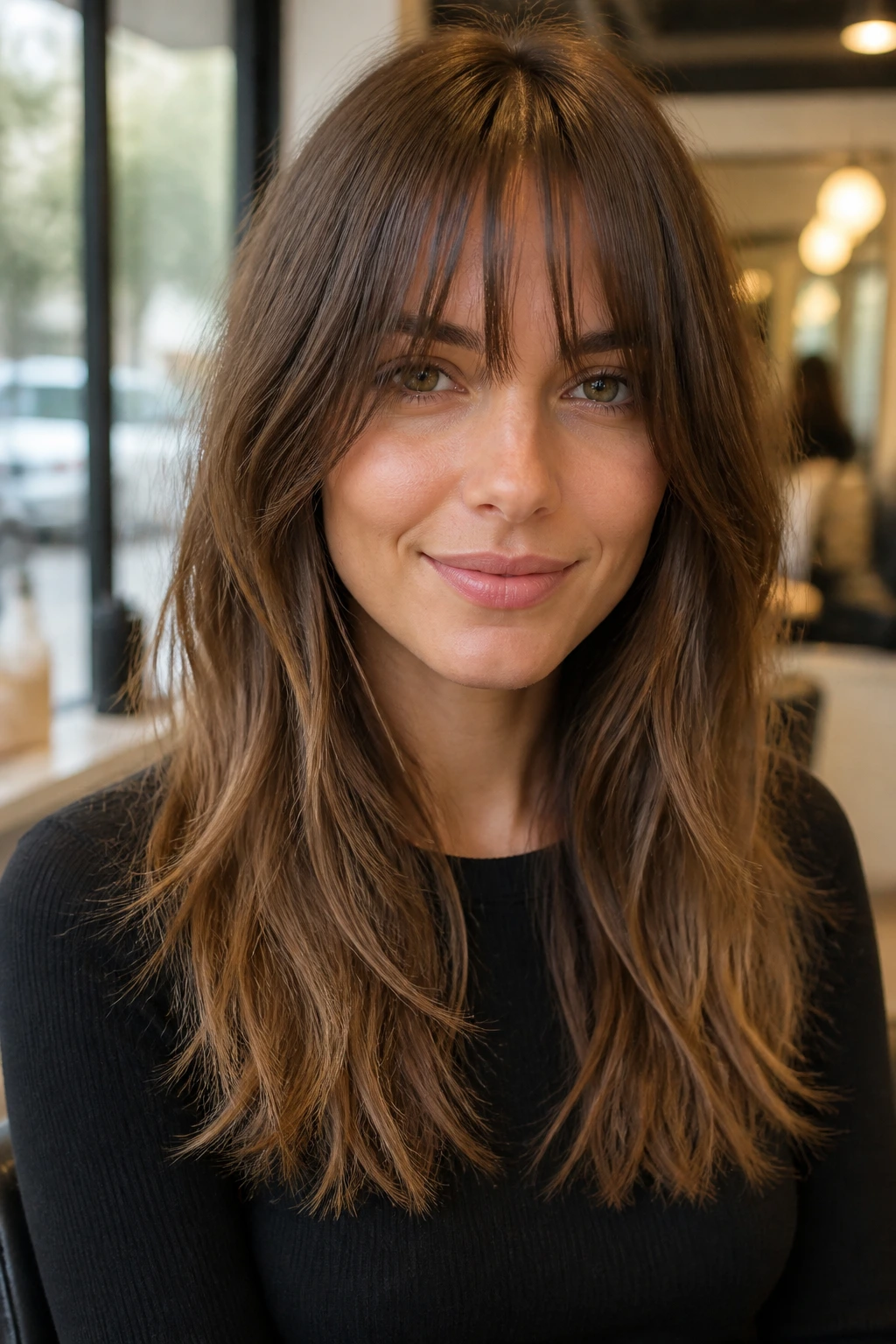 Close-up portrait of a real woman with choppy ends and bottleneck fringe in warm salon light