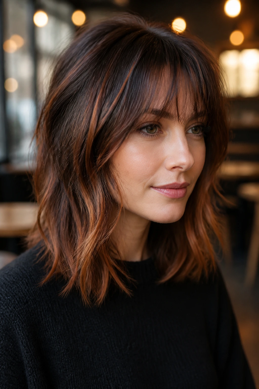 Portrait of a woman with choppy ends, soft fringe, copper lowlights