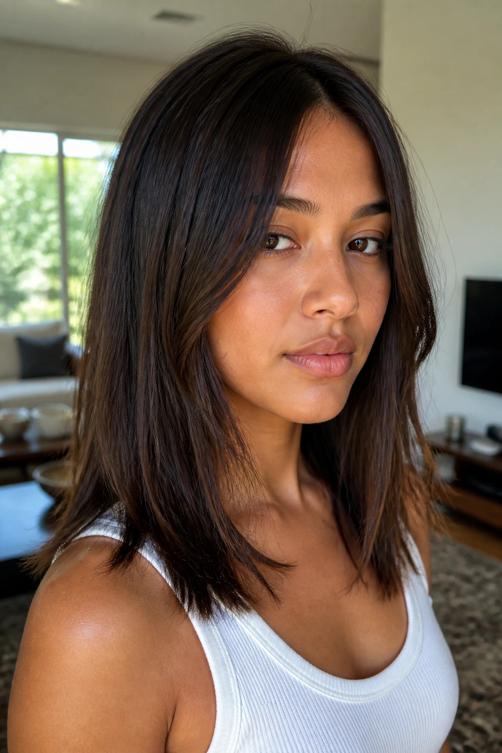 Real person with choppy ends at mid-length hair under natural window light