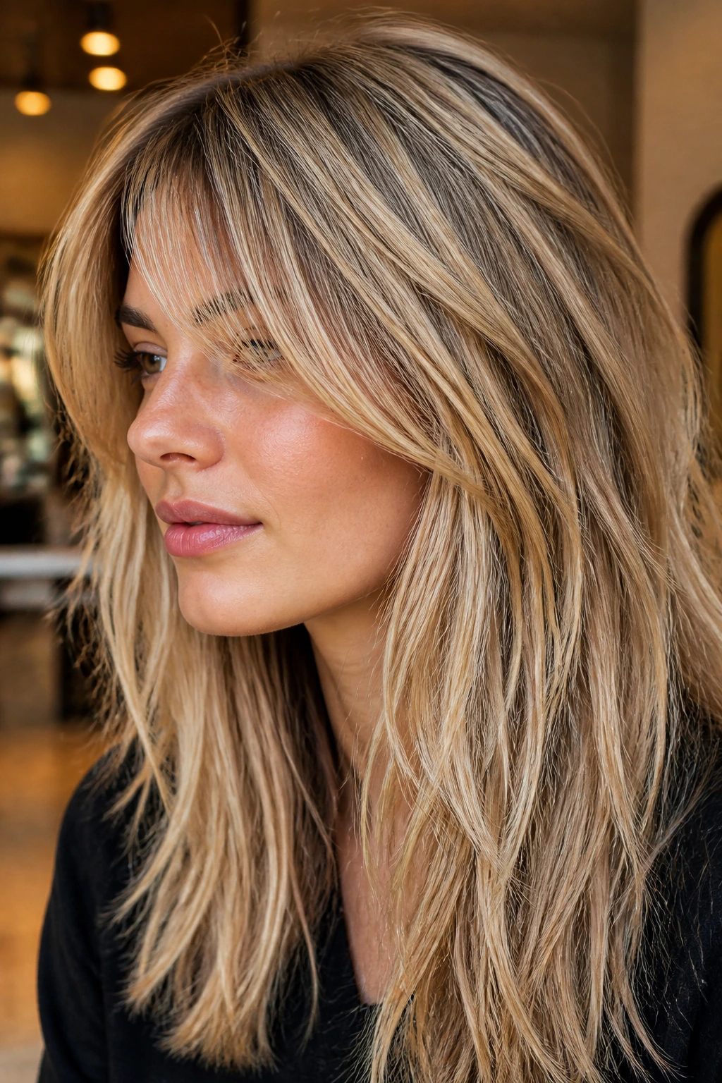Close-up of choppy ends with micro-babylights on real hair