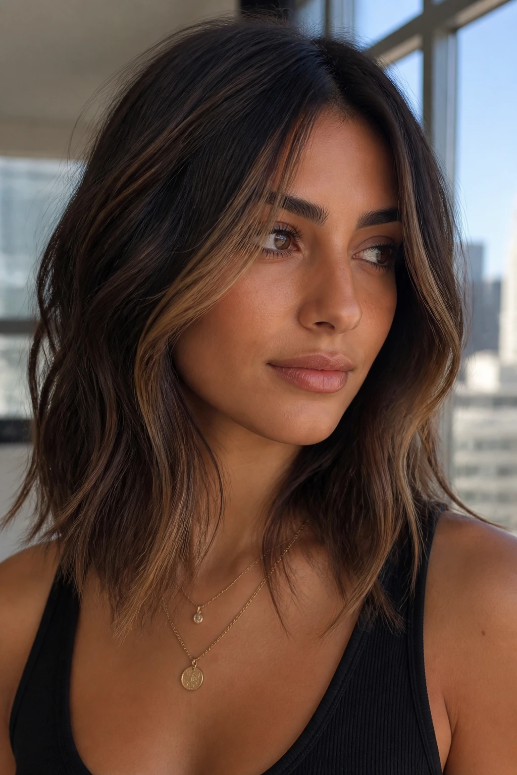 Close-up of a real woman with choppy ends and muted money pieces, olive skin, urban window light