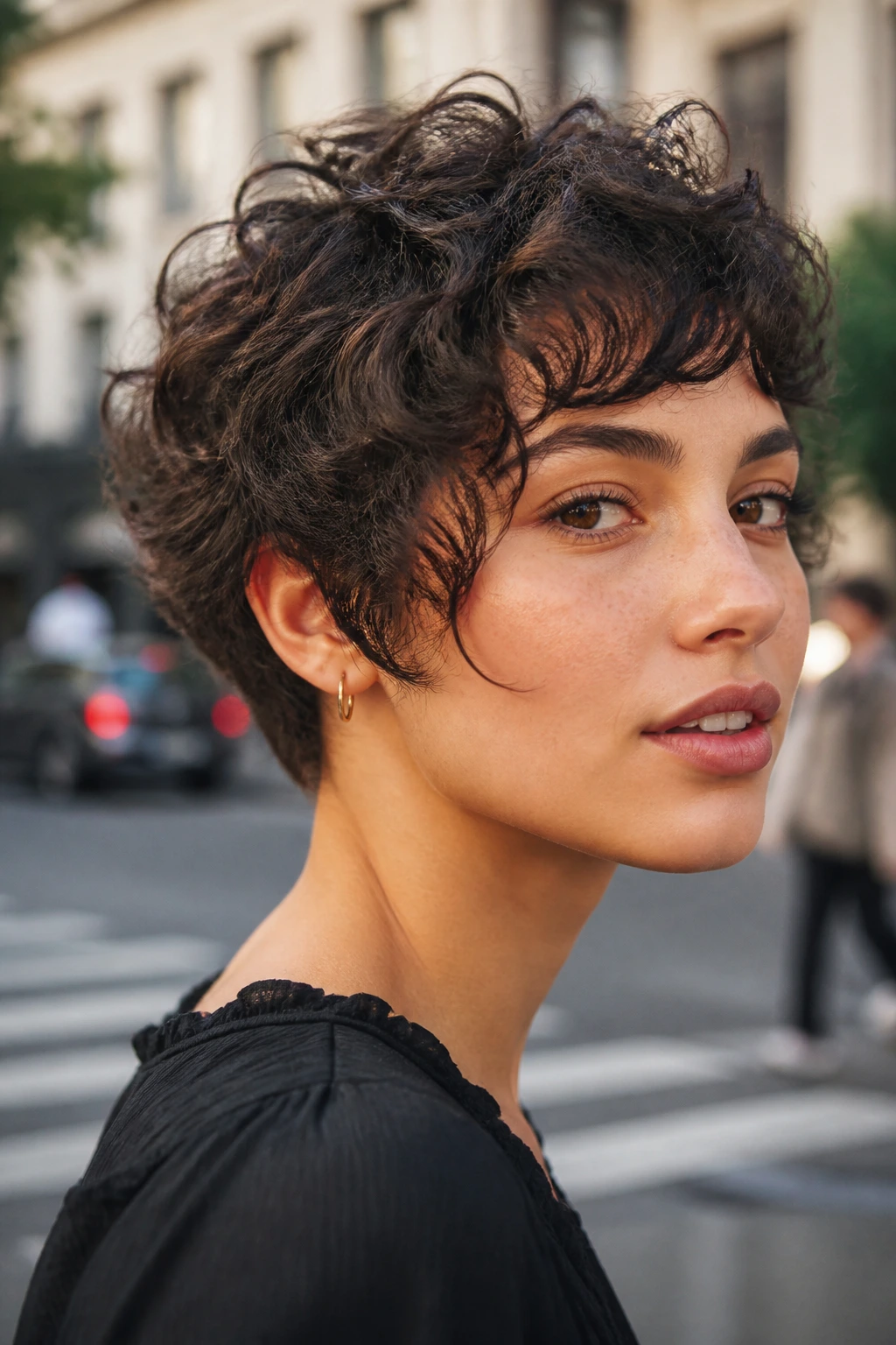 Portrait of a person with a choppy French curl crop in natural daylight